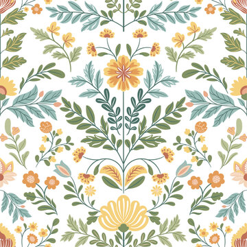 Seamless pattern with folk art design elements. Folk vector illustration with flowers on a dark background. Scandinavian traditional motif