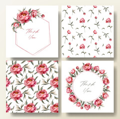 Set of greeting card and seamless pattern with watercolor peonies, wedding invitation. Peony frame.