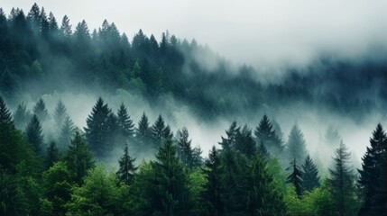 A dense fog rolling over a tranquil forest - obrazy, fototapety, plakaty