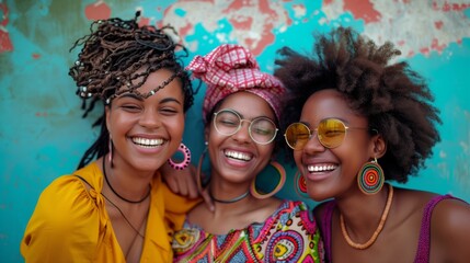 Cheerful African Women Sharing a Joyful Moment Together. Trio of African women share a joyful moment, their genuine smiles and colorful attire reflecting a vibrant culture and strong bond. - obrazy, fototapety, plakaty