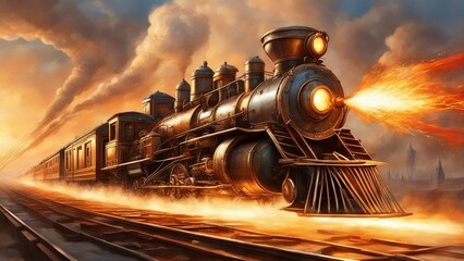 old steam locomotive a steampunk,       A dynamic scene of a steampunk train, with wires, propellers, and guns, racing   - obrazy, fototapety, plakaty
