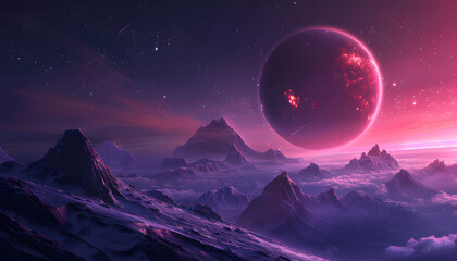 Fototapeta na wymiar Moonlit Mountain Landscape with Stars and Alien Planet in Night Sky.