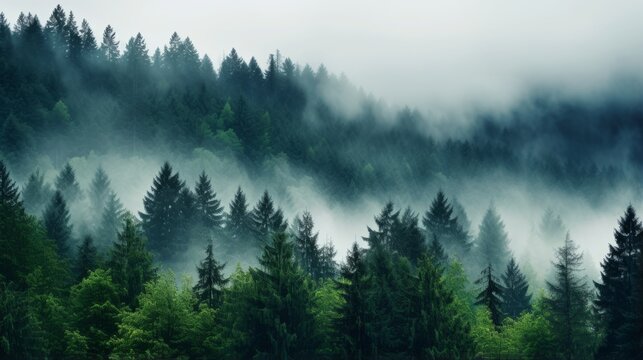 Fototapeta A dense fog rolling over a tranquil forest