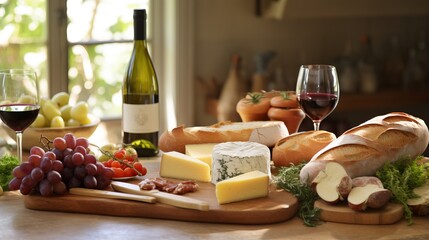 A french wine and cheese table with baguettes