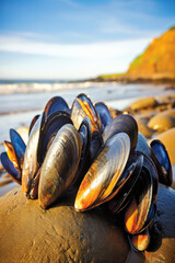 Wild Mussels Clinging to Rocky Shore with Waves in the Background