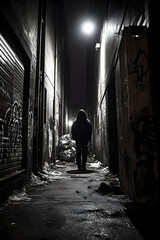 Dark Urban Alleyway Roaming Hooded Criminal Carrying Stolen Goods - obrazy, fototapety, plakaty