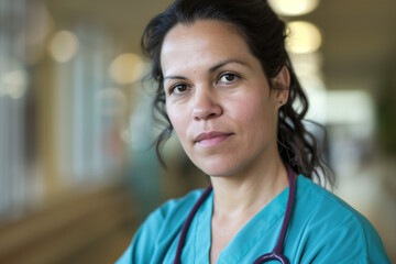 Fototapeta premium A portrait of a female health care medical worker, blurred background, motion blur, long exposure, bokeh. Created with Generative AI technology.