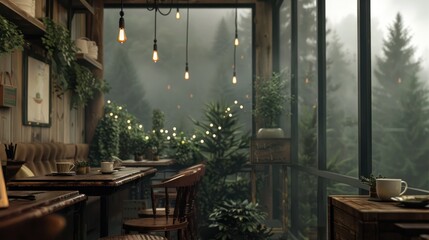 A realistic image of a cafe blending modern and rustic cabin styles, furnished with wood, plants, - obrazy, fototapety, plakaty