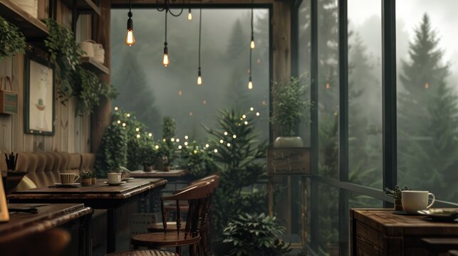 A realistic image of a cafe blending modern and rustic cabin styles, furnished with wood, plants,
