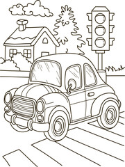 Coloring page outline of the cartoon big truck car in the city. Colorful vector illustration, summer coloring book for kids. © Steiser