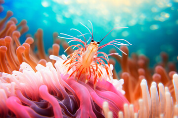 Vibrant Banded Coral Shrimp in Its Natural Habitat Among Anemones in Underwater Scenery