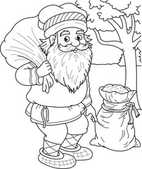 Coloring page outline of the cartoon old man in a hat with bags. Colorful vector illustration, summers coloring book for kids.