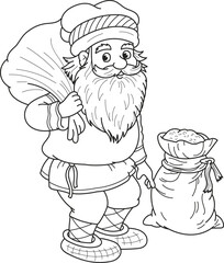 Coloring page outline of the cartoon old man in a hat with bags. Colorful vector illustration, summers coloring book for kids.
