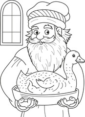 Coloring page outline of the cartoon old man in hat with roast goose. Colorful vector illustration, summers coloring book for kids.