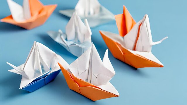 Creative image of white origami ships placed behind blue paper ship representing concept of leadership on light background
