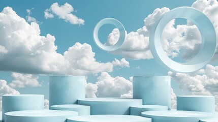 Minimalist cloud background podium for product display in 3d rendering on dreamy sky scene