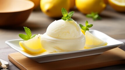A refreshing lemon sorbet in a lemon shaped dish - obrazy, fototapety, plakaty
