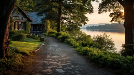 Obraz na płótnie Canvas A road leading to a tranquil lakeside cottage