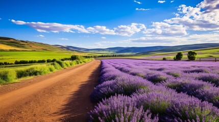 Obraz premium A road surrounded by fields of vibrant lavender