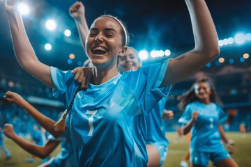 A group of girls - a female football sports team in blue uniform cheering because of victory in a...