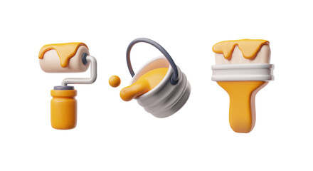 Paint tools 3D icons set, cartoon realistic vector illustration isolated.