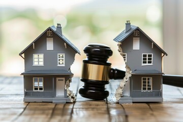 miniature broken house and judge's gavel. deciding on home insurance, Law and justice concepts, Resolving a home transaction lawsuit - obrazy, fototapety, plakaty