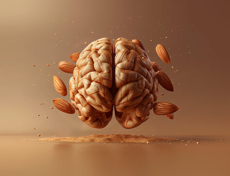 A brain with almonds on a beige background to express a concept of healthy food for the brain