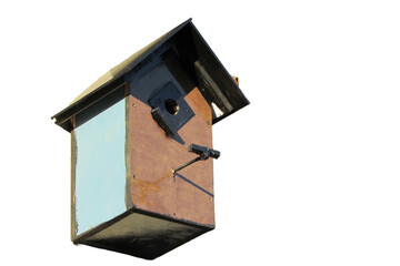 Handmade wooden bird house on isolated background in PNG format. Gray birdhouse, bird care