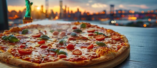 New York-Style Pizza with Iconic Statue of Liberty View in Impressionist Style - obrazy, fototapety, plakaty