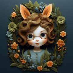 A little girl with bunny ears in a frame of wildflowers. A young kid wearing glasses surrounded by flowers in a dreamy picture made of fabric. AI-generated