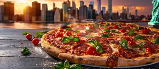 New York-Style Pizza with a Stunning Statue of Liberty View - Iconic Lower Manhattan Cityscape in the Backdrop - obrazy, fototapety, plakaty