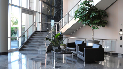 Implementing a monochromatic staircase design in shades of charcoal gray, accented with subtle hints of silver, for a sleek and modern look in the lobby.