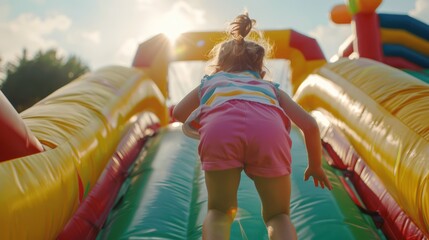Fototapeta na wymiar a child seen from behind climbing on a large inflatable obstacle course. Sunny summer day. 