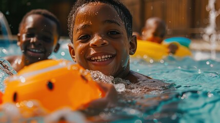 A close-up portrait capturing the pure joy of a family playing with water toys in the pool, - obrazy, fototapety, plakaty