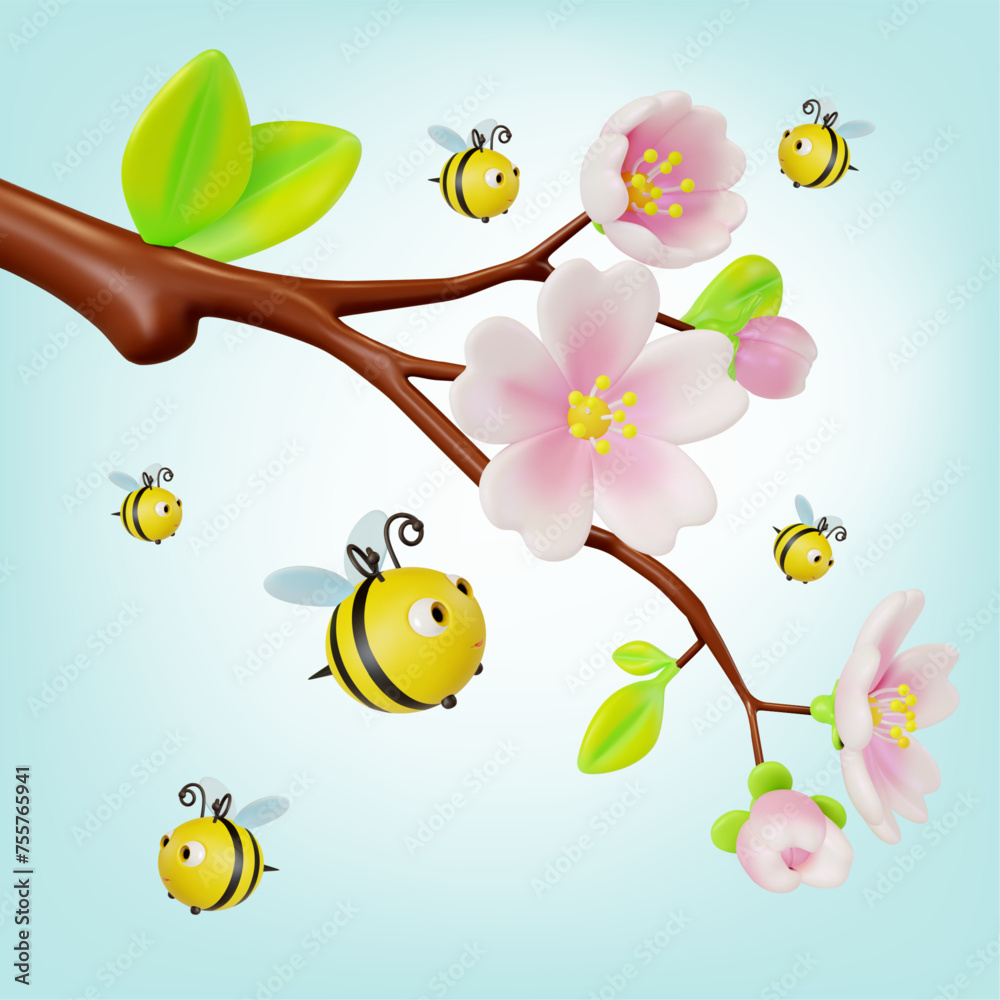 Wall mural 3d Blooming Sakura Branch with Flying around Bees Cartoon Style Beekeeping Concept. Vector illustration of Spring Season