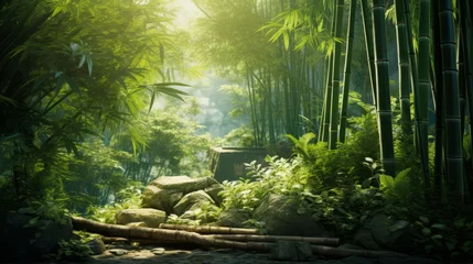 Gordijnen A tranquil bamboo forest with dappled sunlight © Cloudyew