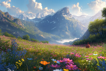 A summer meadow in the middle of high snow-capped mountains, dotted with thousands of colorful flowers