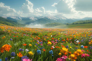 A summer meadow in the middle of the mountains, dotted with thousands of colorful flowers - obrazy, fototapety, plakaty