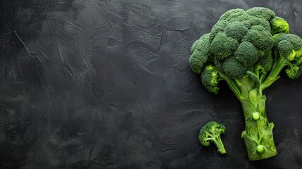 Raw broccoli on black board background, copy space. generative AI image - obrazy, fototapety, plakaty