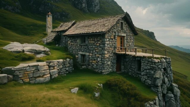Video animation of stone cottage nestled amidst lush greenery, with majestic mountains in the background under a cloudy sky. The overall mood is peaceful and tranquil