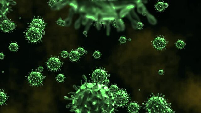 Microbiology green background with green virus or viral particles. Concept of microorganisms, microbes or pathogens