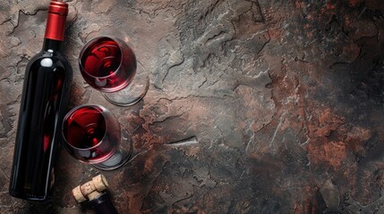 Top view of red wine glasses and bottle on isolated dark background, copy space. generative AI image - obrazy, fototapety, plakaty