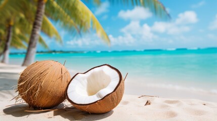 A tropical beach scene with coconuts and turquoise water