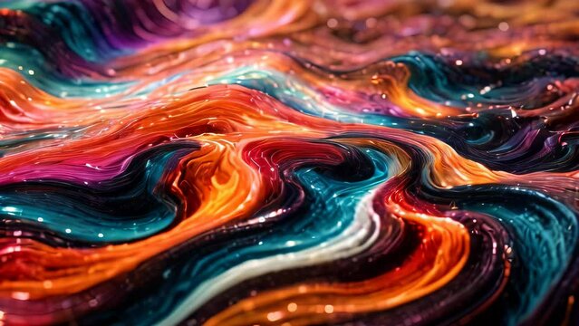 Video animation of dynamic swirl of colors, resembling a mix of paint or liquid in motion. The colors range from deep blues and purples to bright oranges and reds