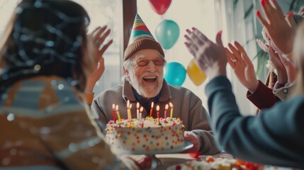 A happy elderly person in a birthday hat, there's a birthday cake with a lot of birthday candles.
