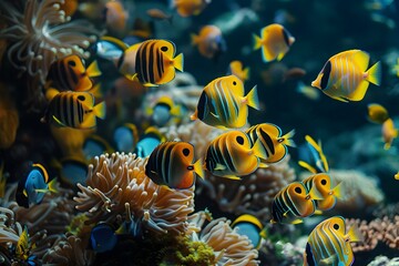 Obraz na płótnie Canvas Vibrant Schools of Tropical Fish Dart Amongst Stunning Coral Reefs