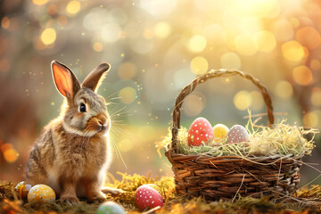 Fototapeta na wymiar happy easter!bunny and Easter eggs, basket, Dutch rabbit, domestic rabbit