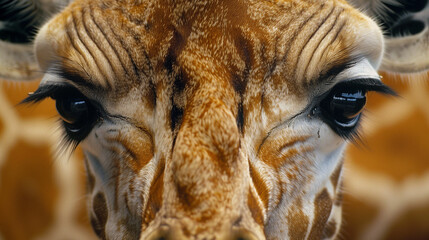 An extreme close-up of a giraffe's face focuses on its soulful eyes and the intricate patterns of its fur, showcasing a mix of tenderness and wild elegance. - obrazy, fototapety, plakaty
