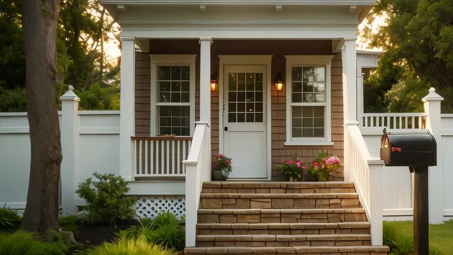 Video animation of cozy and welcoming home entrance. The wooden steps lead up to a small porch adorned with potted plants, giving it a homely touch