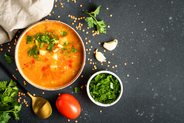 Lentil soup. Red lentil soup, traditional middle eastern food. Flat lay.
